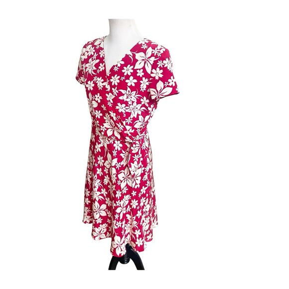 Chadwick’s Vintage Hawaiian Print Wrap Dress Size 8 Petite Red Ivory 100% Silk - Picture 3 of 11